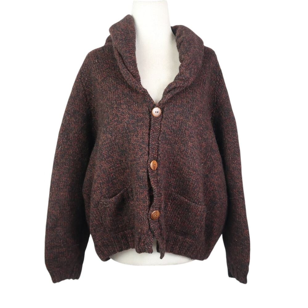 Vintage 80s Black and Brown Marled Knit Wool Cardigan Sweater L
